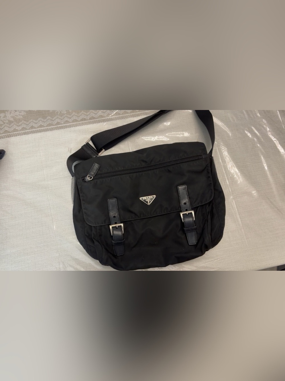 Prada Black Nylon Messenger Bag with Buckle Detail